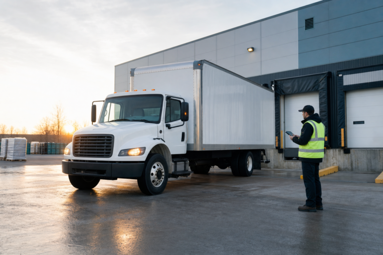 A clean unbranded expedite straight truck arriving at a distribution centre loading dock at dawn while a logistics coordinator checks a tablet.