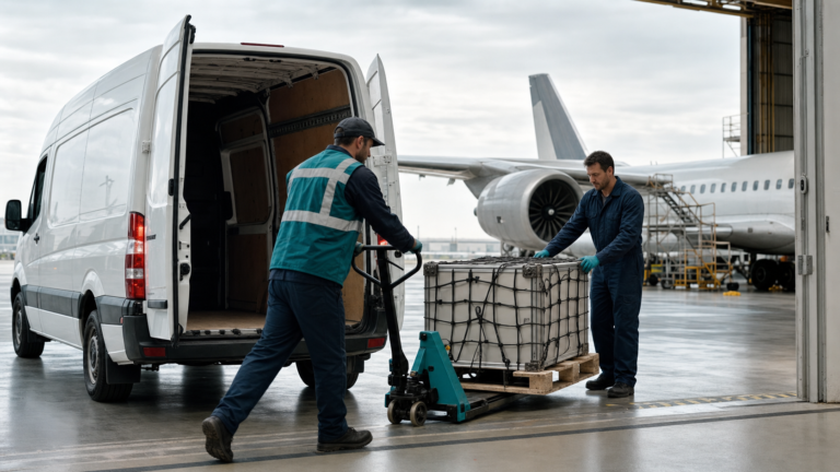 An unbranded cargo van delivering a secured aircraft component crate at an airport maintenance hangar.