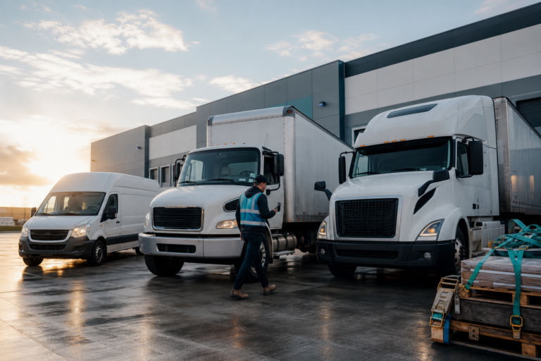 Three unbranded expedited freight vehicles staged outside a modern freight terminal at sunrise.