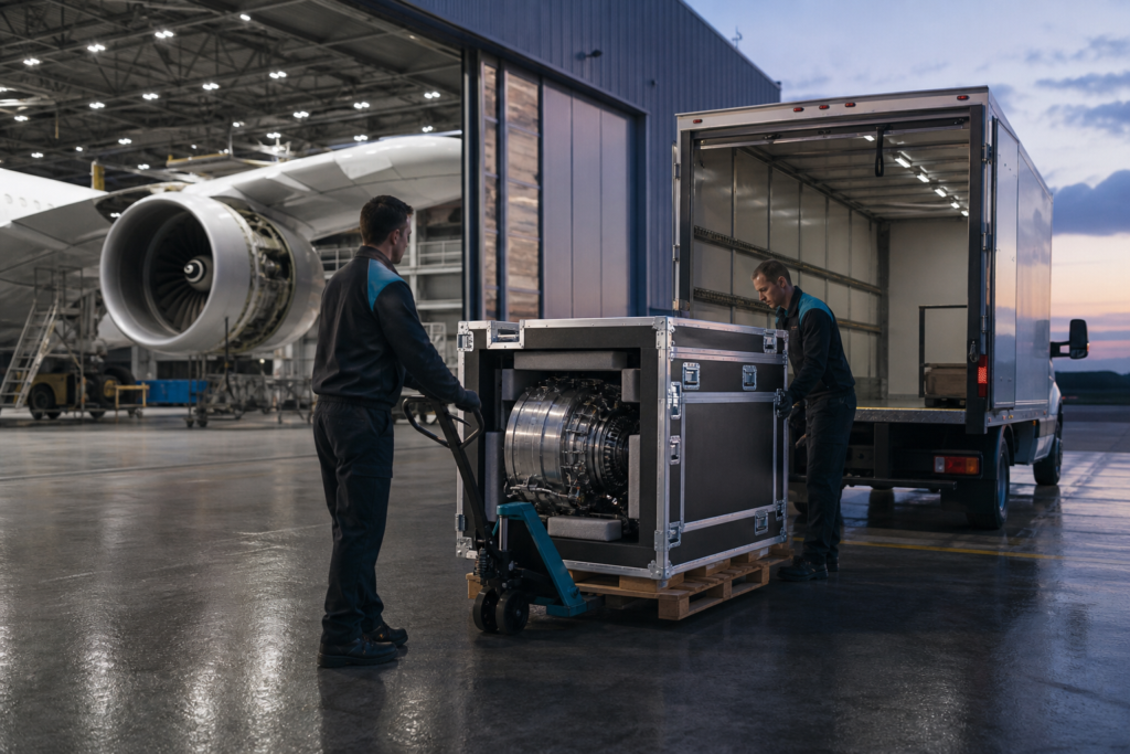 A time-critical aircraft engine component in a protective crate being transferred beside a maintenance hangar and an unbranded expedite vehicle.