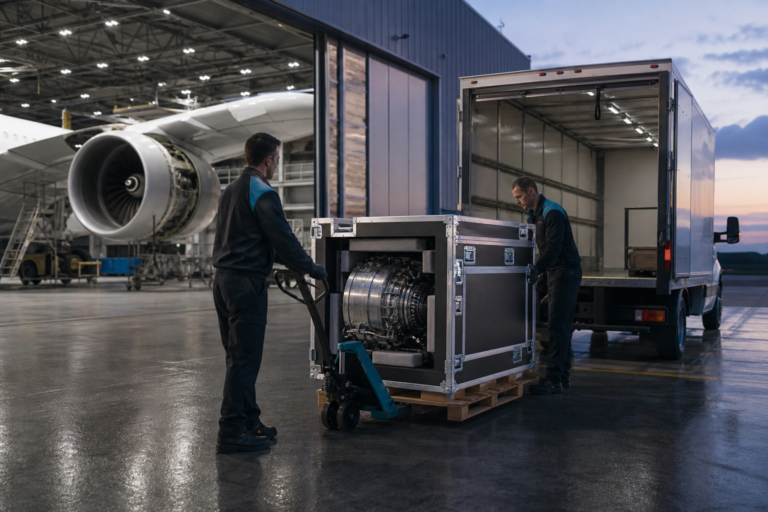 A time-critical aircraft engine component in a protective crate being transferred beside a maintenance hangar and an unbranded expedite vehicle.