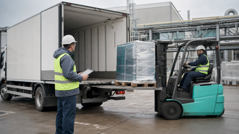 An operations manager supervising an urgent pallet pickup beside an unbranded straight truck at a manufacturing facility.