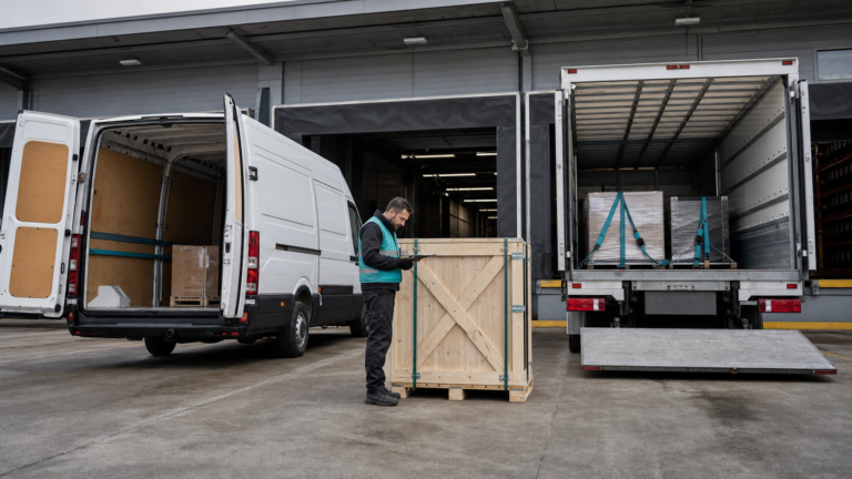 Two plausible emergency freight recovery options at a cross-dock, a cargo van and straight truck, with secured industrial cargo.