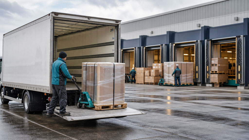 A visual comparison at a freight terminal between one dedicated unbranded straight truck and a shared LTL dock operation.