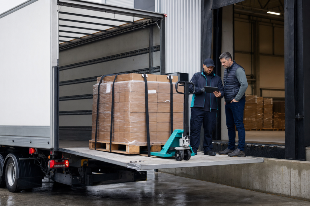 A precise commercial final-mile handoff of palletised freight from an unbranded truck to a receiving team.