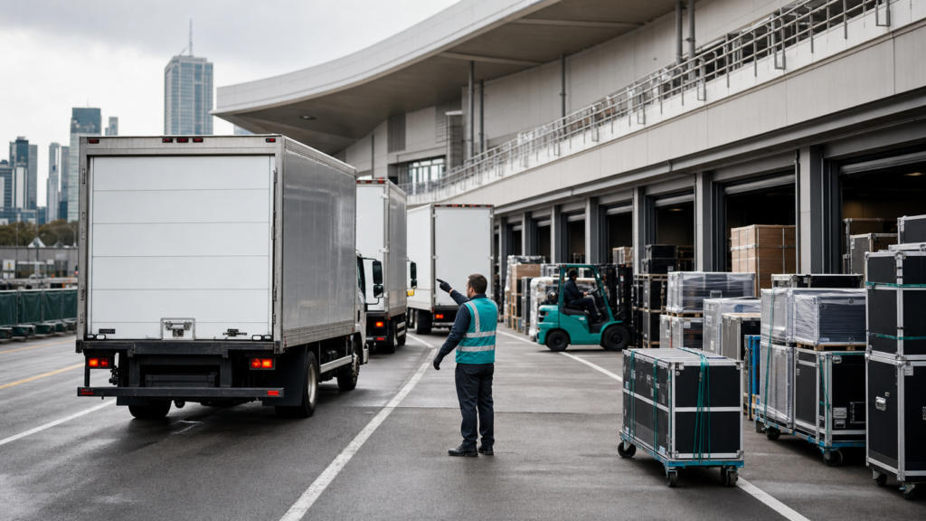 Trade show exhibit crates arriving by unbranded box truck at a convention centre marshalling area before opening.