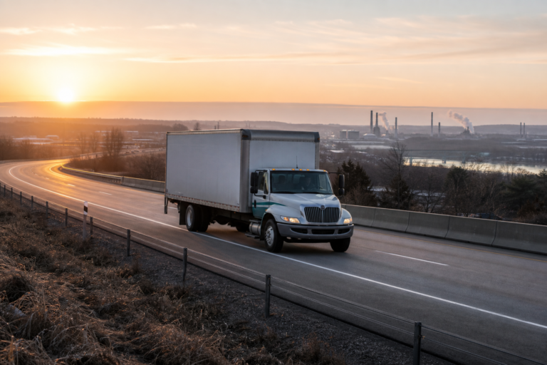 A single sealed unbranded straight truck on a direct highway route carrying dedicated freight with no terminal transfer.