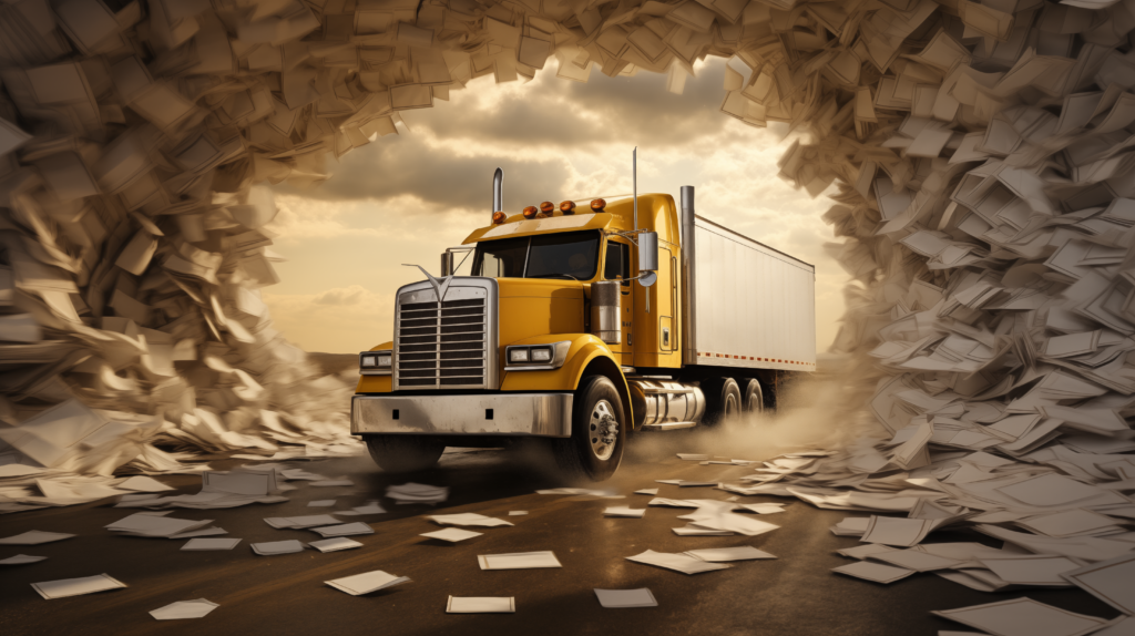 Regulation in trucking as illustrated by a truck driving through tons of regulations