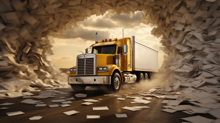 Regulation in trucking as illustrated by a truck driving through tons of regulations