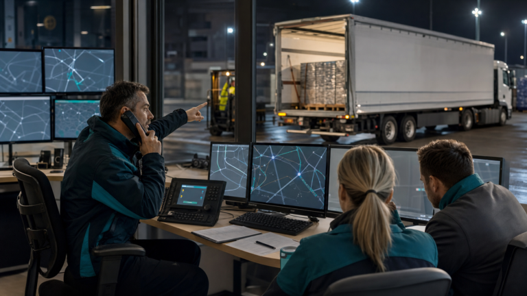 A logistics coordinator directing a rapid freight rescue transfer between unbranded vehicles at night.