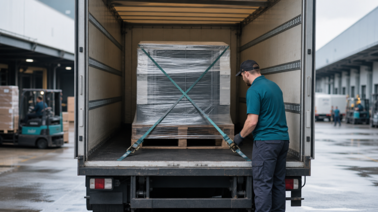 A dedicated unbranded truck receiving one protected high-value pallet away from a busy shared LTL dock.
