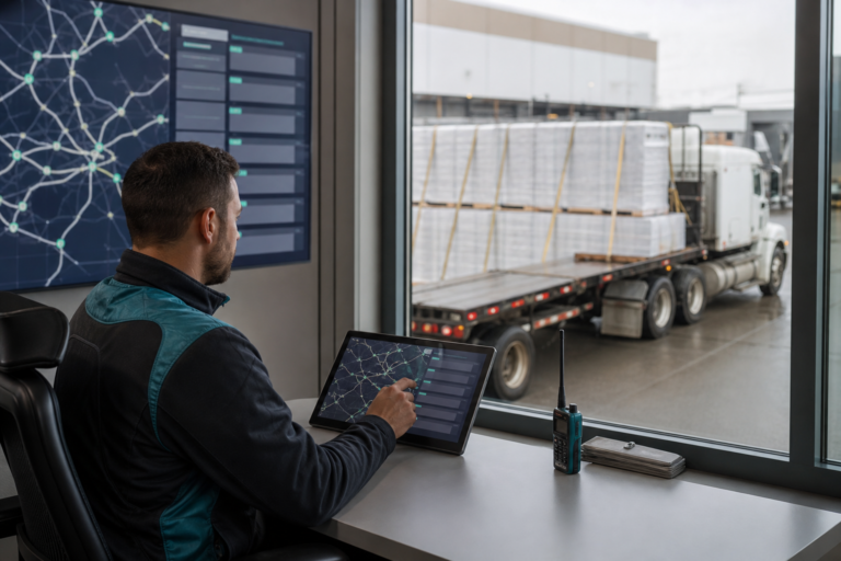 An unbranded expedite truck in motion with a dispatcher viewing a realistic live route map on a tablet without readable text.