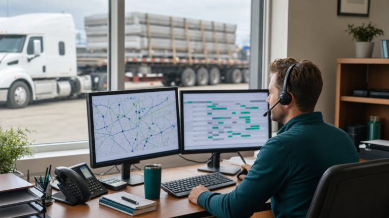 An independent freight broker in a professional small office coordinating trucks visible through a window.