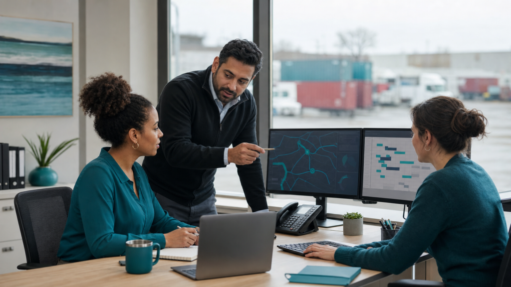 A freight agent collaborating with a small support team in a modern logistics operations office with subtle teal details.