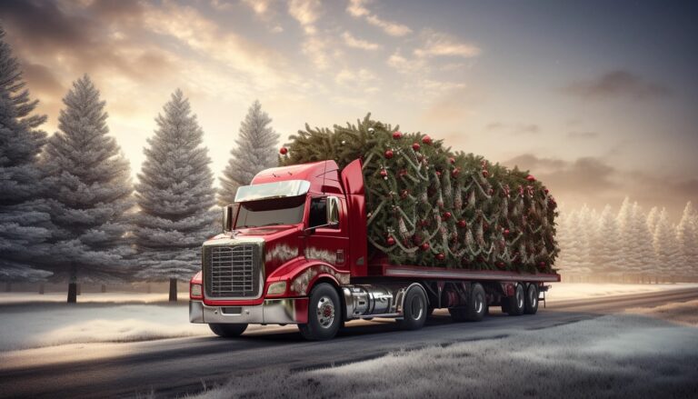 Holiday shipping: Truck carrying festive decorations.