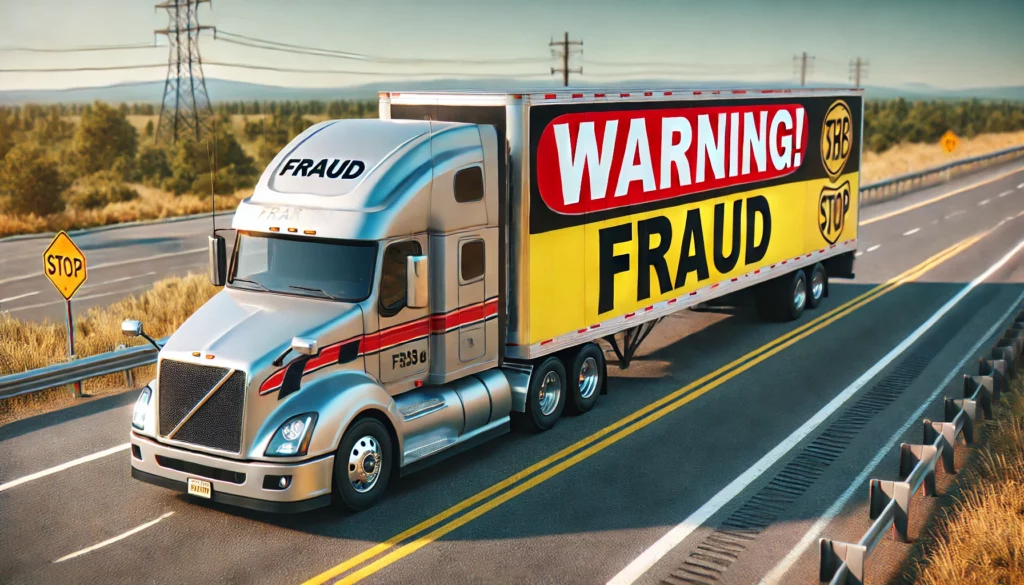 Realistic image of an American semi-truck on a highway with a trailer displaying a bold warning label reading ‘Warning! Fraud’ in red and yellow colors, emphasizing the seriousness of freight fraud. The background features an open road with distant trees and mountains under daylight.