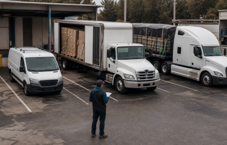 A small lineup of plausible unbranded expedite vehicles ready for time-critical dispatch at a freight terminal.