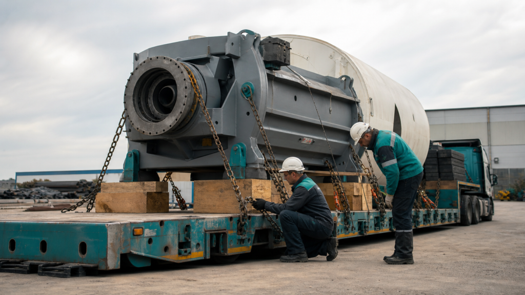 Oversized industrial machinery secured on a step-deck trailer with proper chains and safety preparation.