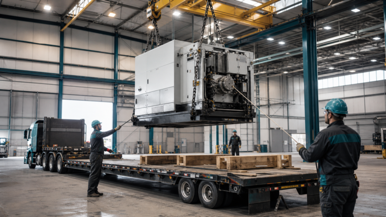 Heavy manufacturing equipment carefully loaded onto a flatbed inside an industrial facility.