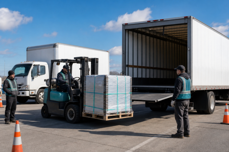 An urgent replacement vehicle collecting a protected critical shipment from a disabled truck at a safe service area.