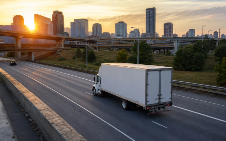 An unbranded expedite straight truck crossing a broad American interstate landscape on an emergency recovery run.