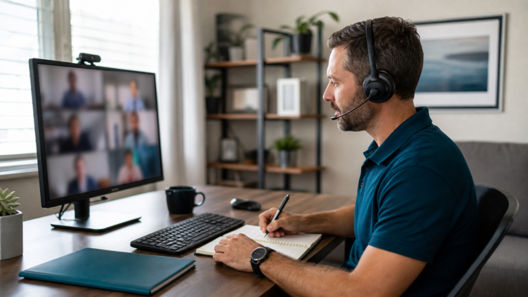 A confident freight agent and remote operations support team collaborating around shipment planning screens without readable text.