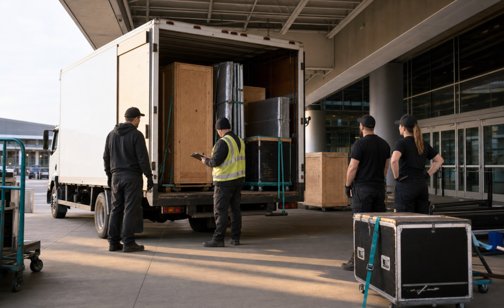 Numbered exhibit crates and booth components arriving on schedule at a convention centre loading entrance without readable branding.