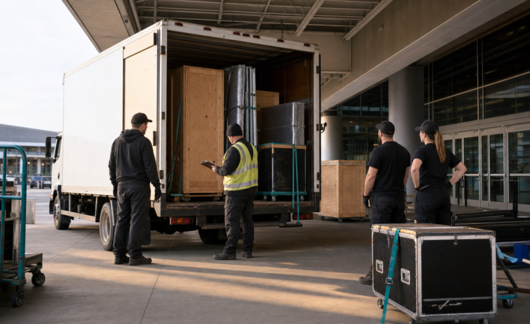 Numbered exhibit crates and booth components arriving on schedule at a convention centre loading entrance without readable branding.