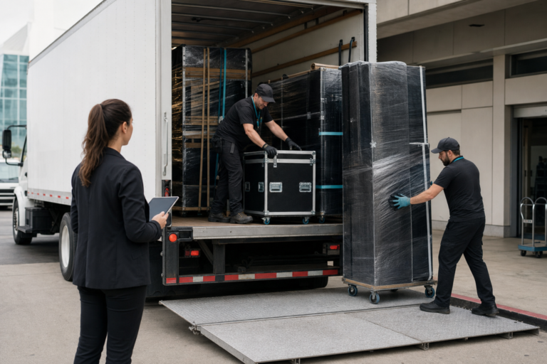 An event planner supervising careful unloading of exhibit cases from an unbranded box truck at a venue.