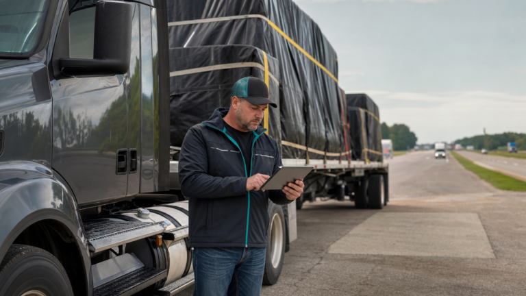 A nationwide emergency freight scene with an unbranded straight truck, dispatch tablet and long interstate route.