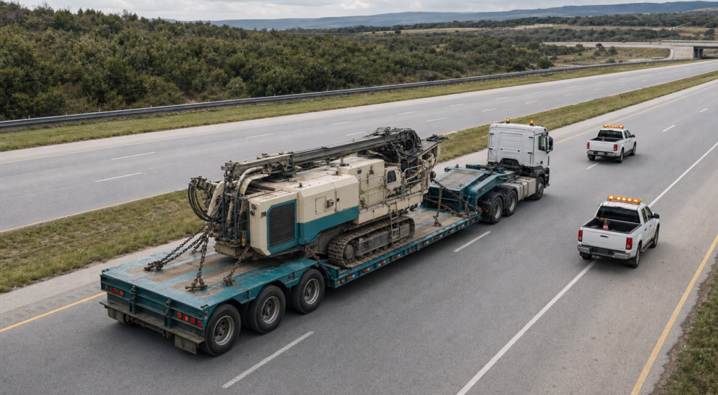 An escorted permitted oversize load carrying industrial equipment on a multi-axle trailer along a wide road.