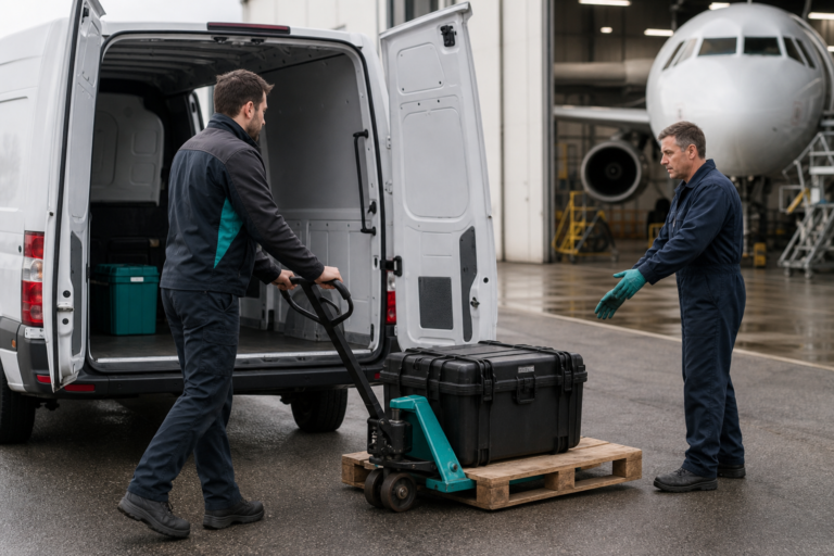 A small high-value aerospace component crate being rushed from an unbranded cargo van into an aircraft maintenance facility.
