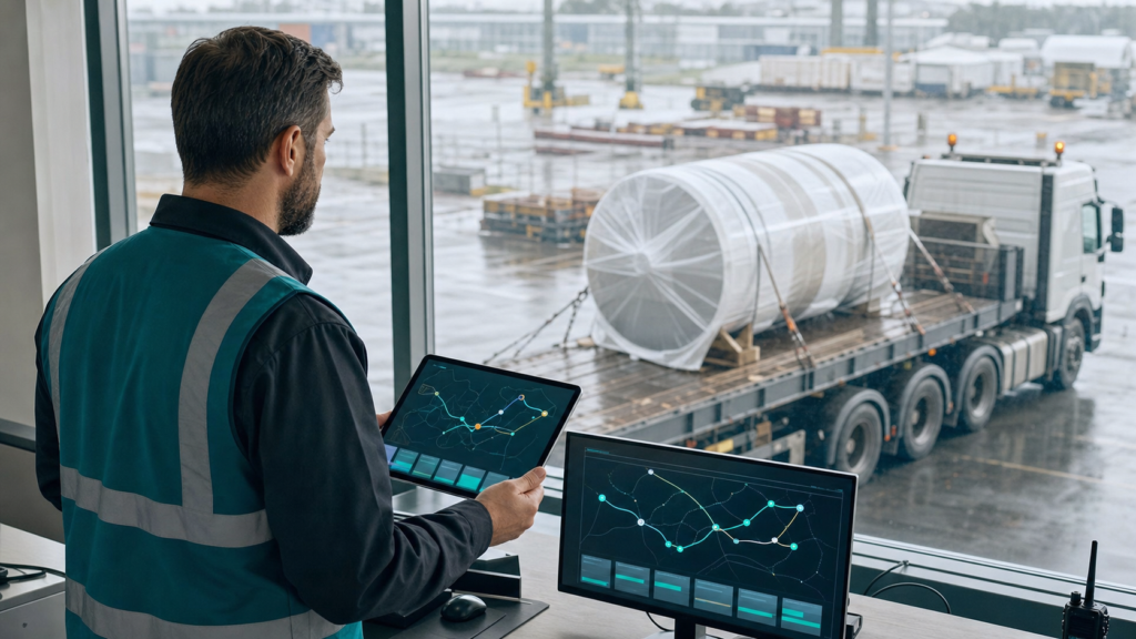 A dispatcher monitoring an unbranded critical freight truck with a clean route interface and no readable text.